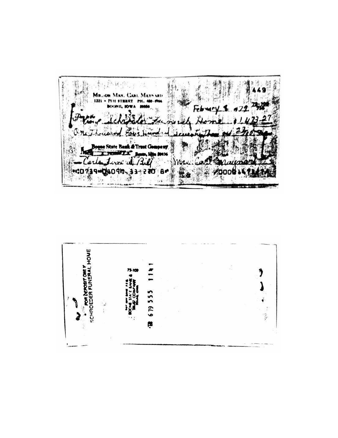 Check, front and back, Funeral home, Undated