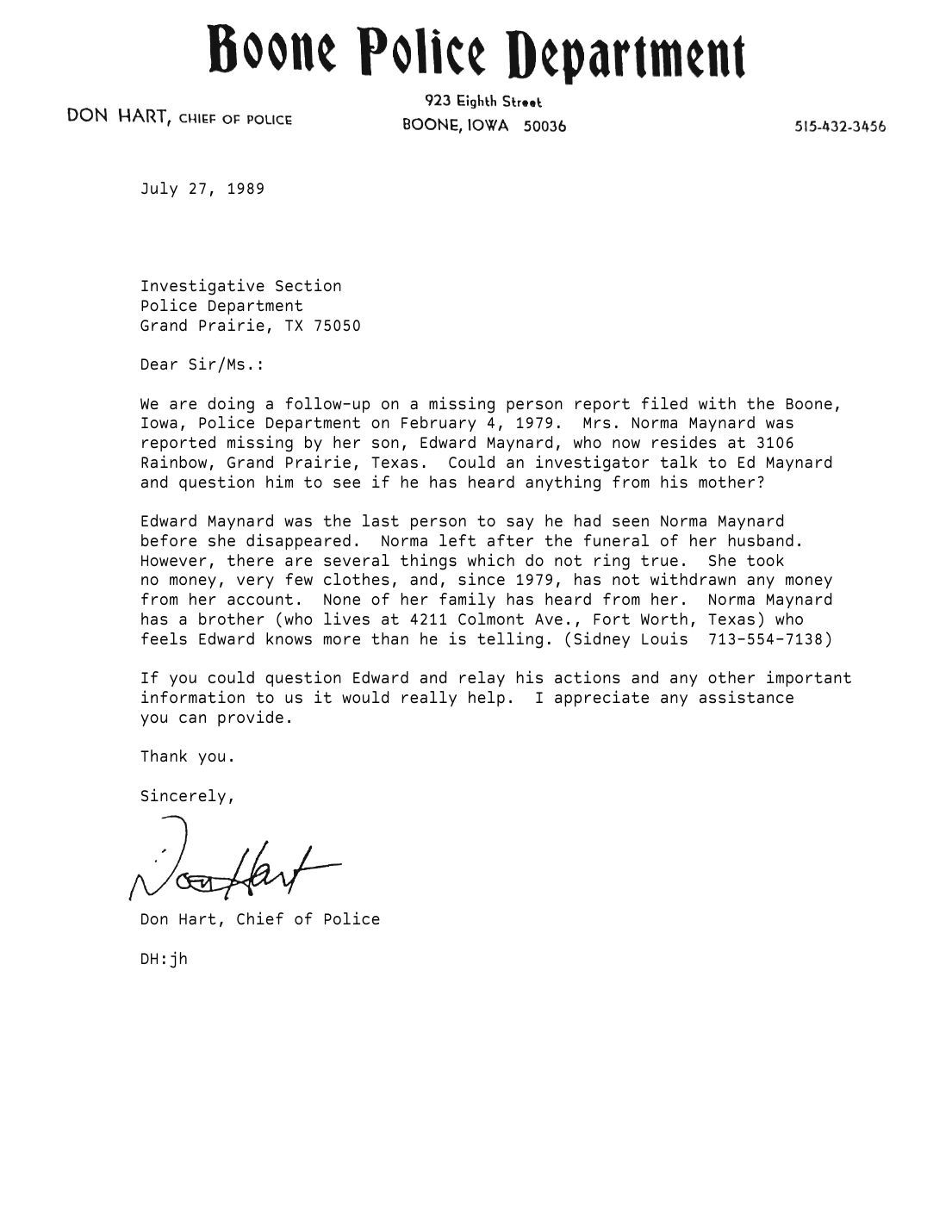 Letter to the Grand Prairie, Texas, police, Don Hart, Chief of Police, Boone, July 27, 1989