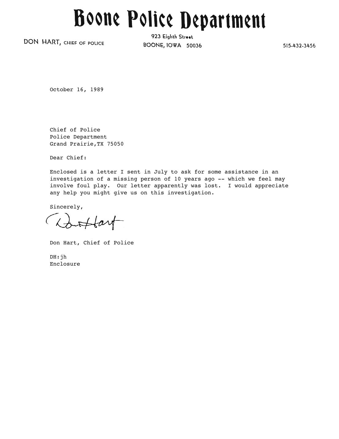 Letter to the Grand Prairie police, Don Hart, Chief of Police, Boone, October 16, 1989
