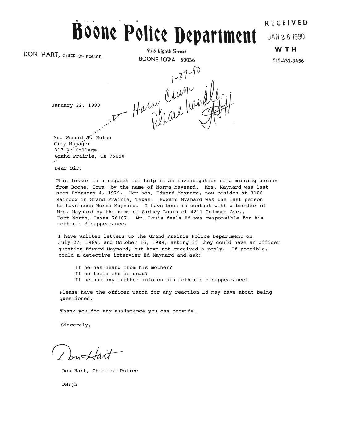 Letter to the Grand Prairie City Manager, Don Hart, Chief of Police, Boone, January 22, 1990