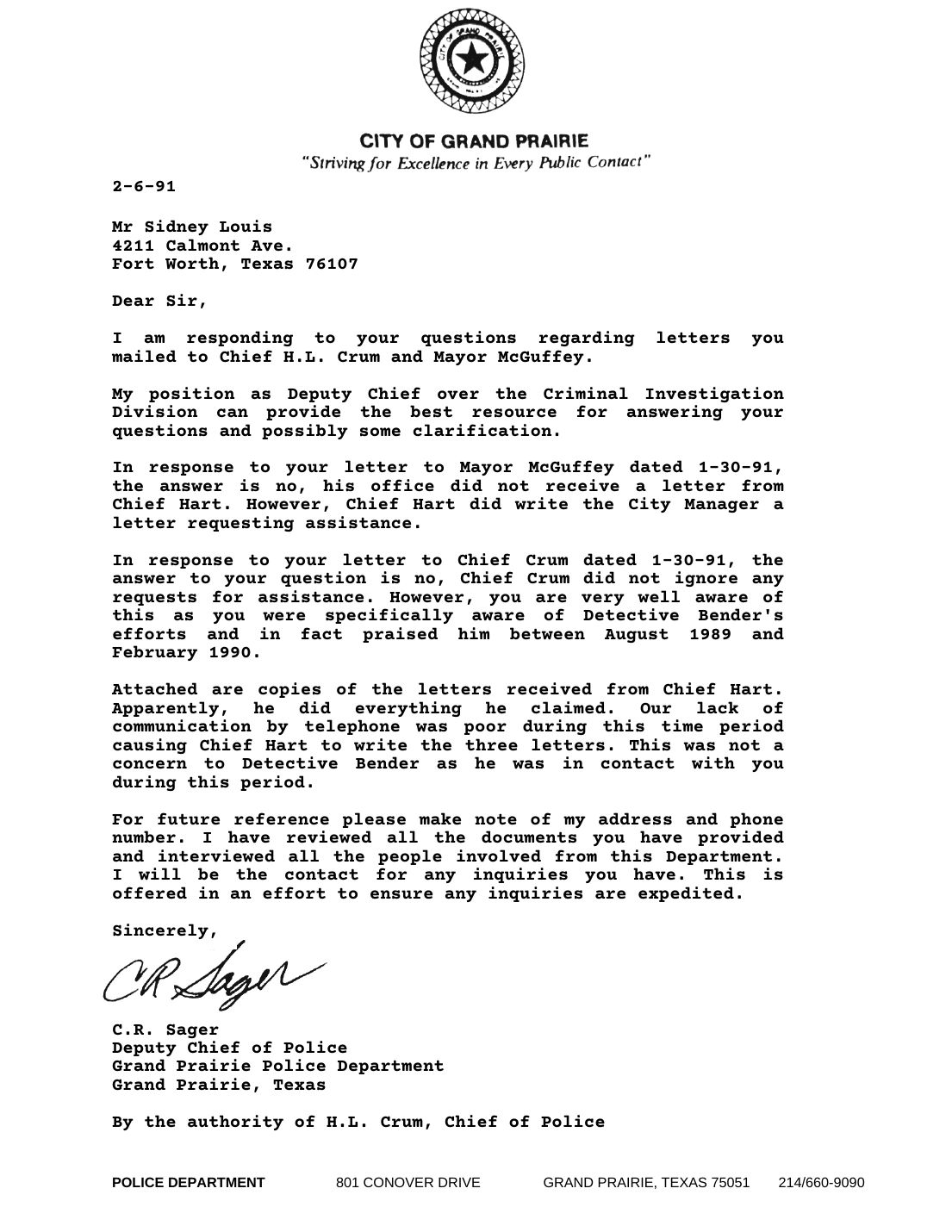Letter to Sidney Louis, C.R. Sager, Deputy Chief, Grand Prairie Police, February 6, 1991