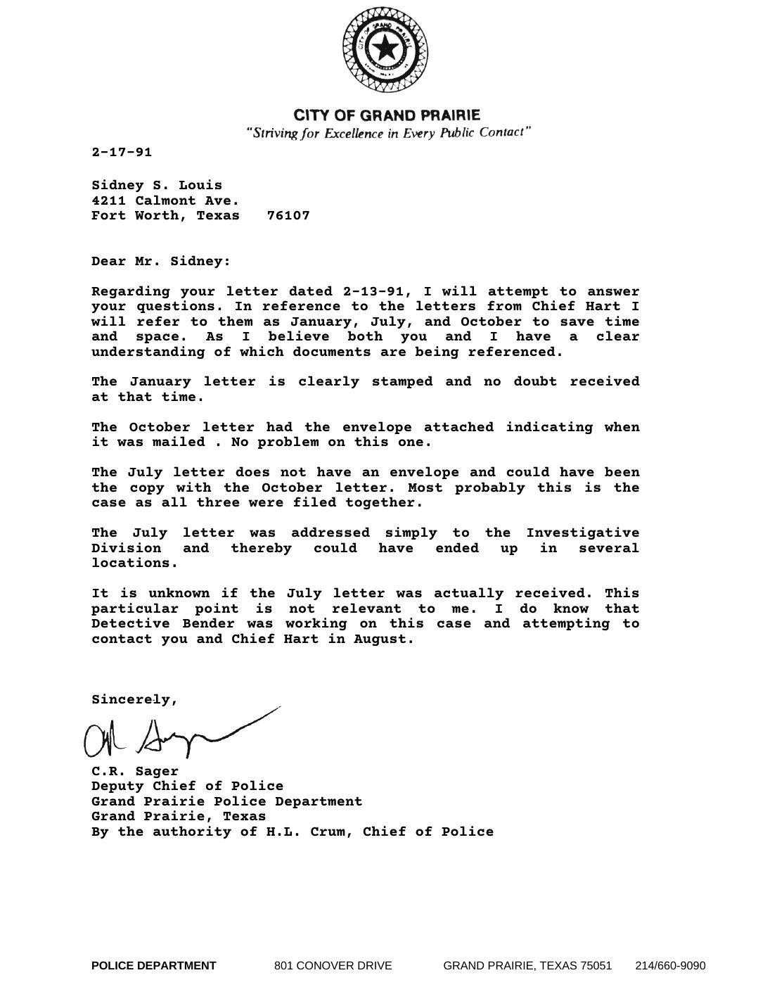 Letter to Sidney Louis, C.R. Sager, Deputy Chief, Grand Prairie Police, February 17, 1991