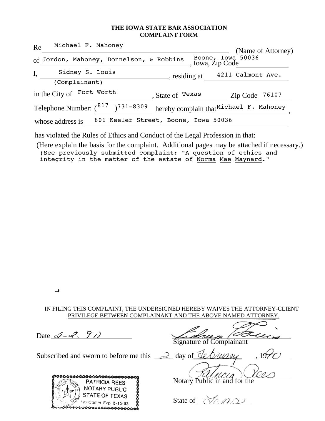 Iowa State Bar Association complaint form, Sidney S. Louis, February 2, 1990
