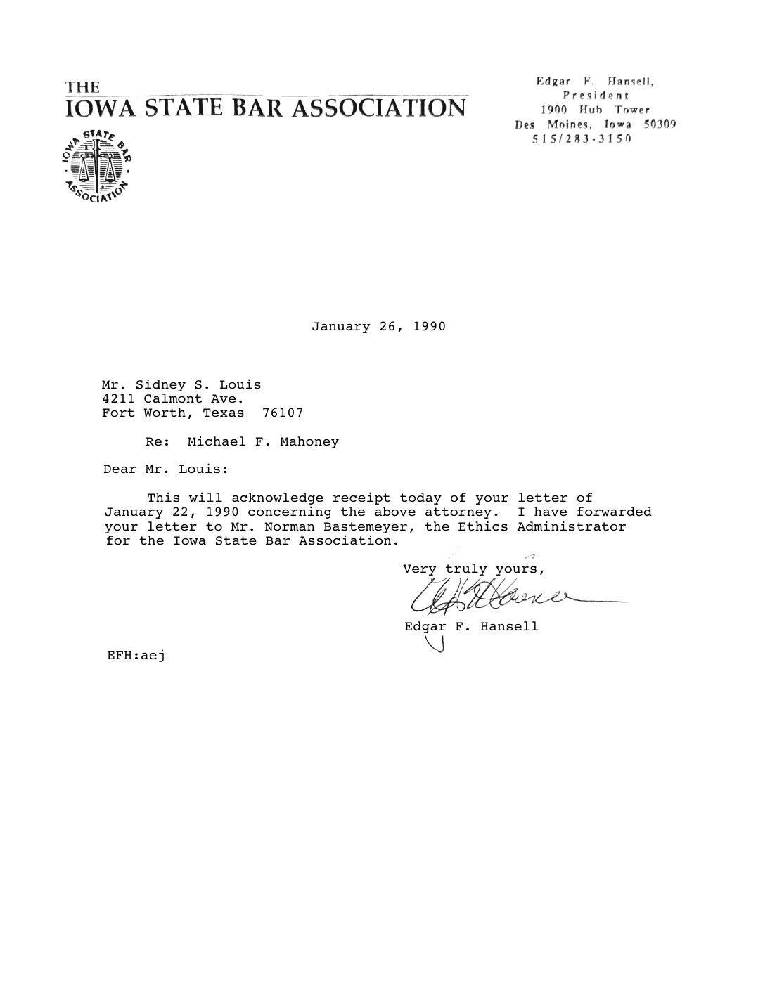 Letter to Sidney Louis, Edgar F. Hansell, Iowa State Bar Association, January 26, 1990