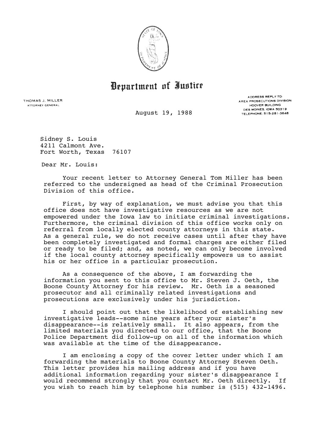 Letter to Sidney Louis, Harold Young, Iowa Department of Justice, August 19, 1988