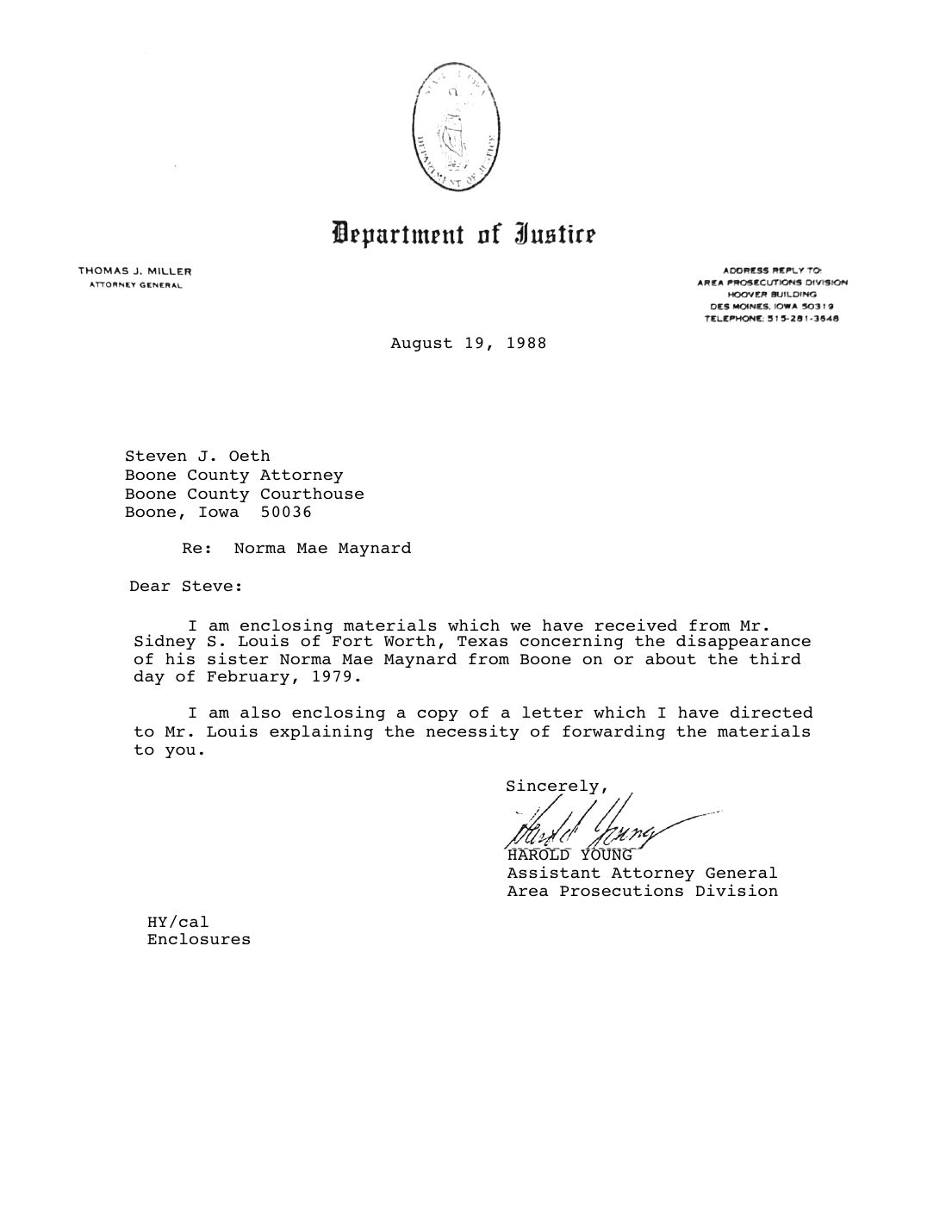 Letter to Steven J. Oeth, Boone County Attorney, Harold Young, Iowa Department of Justice, August 19, 1988