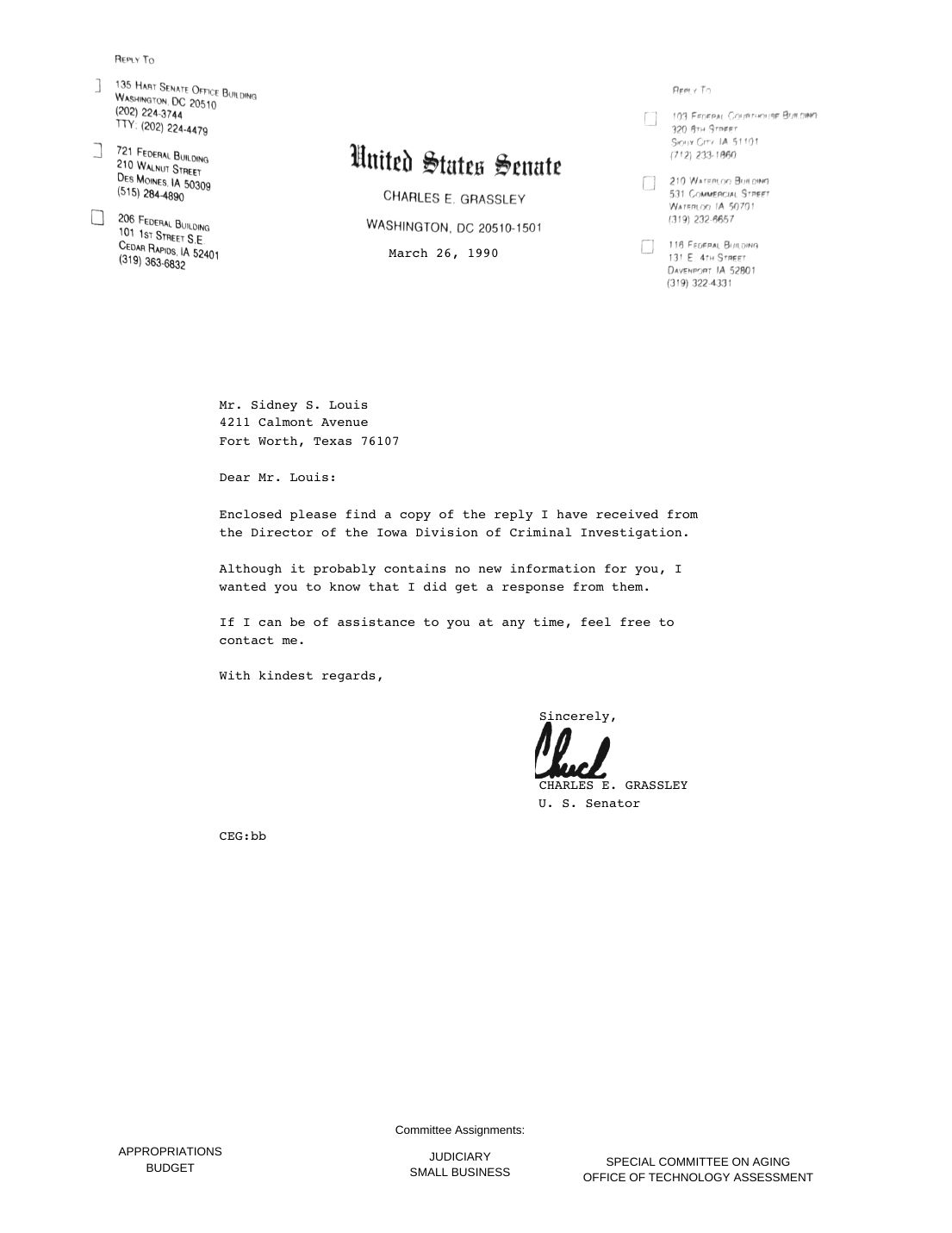 Letter to Sidney Louis, Senator Charles E. Grassley, March 26, 1990