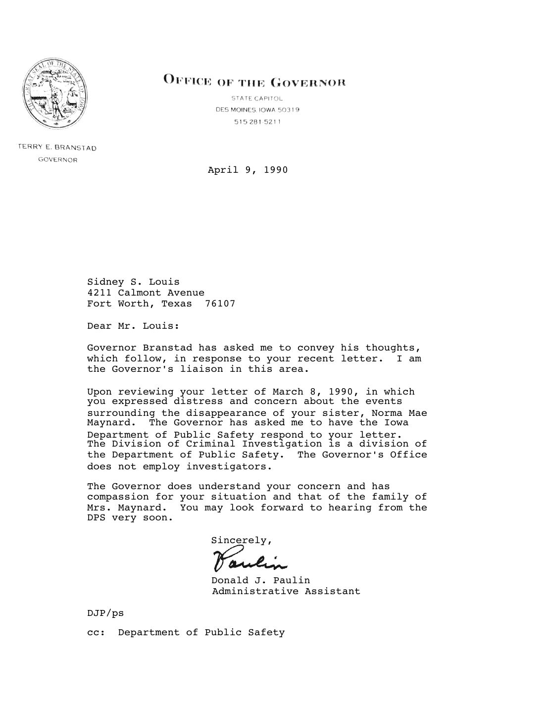 Letter to Sidney Louis, Donald J. Paulin, Office of the Governor, April 9, 1990