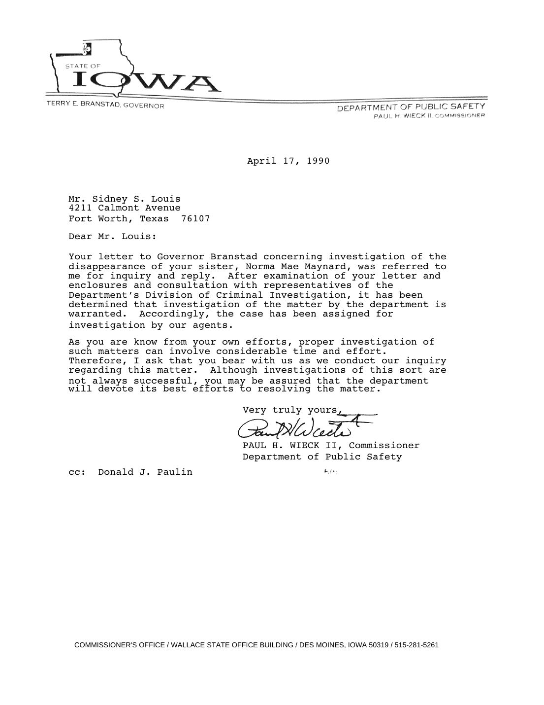 Letter to Sidney Louis, Paul H. Wieck II, Commissioner of Public Safety, April 17, 1990