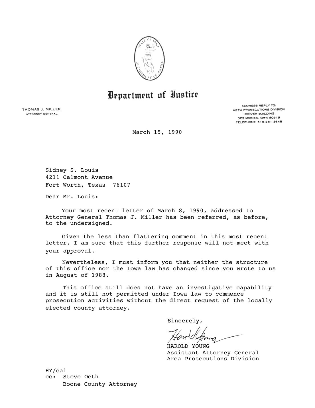 Letter to Sidney Louis, Harold Young, Iowa Department of Justice, March 15, 1990