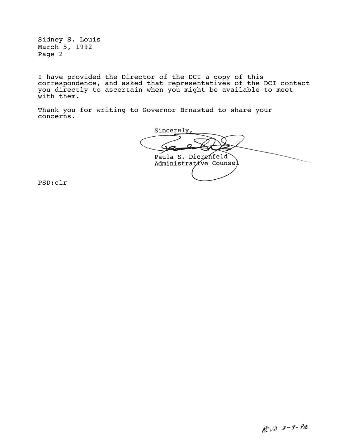 Letter to Sidney Louis, Paula S. Dierenfeld, Office of the Governor, March 5, 1992 — page 2 of 2