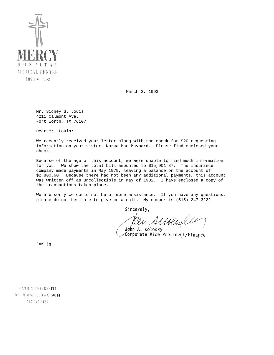 Letter to Sidney Louis, John A. Kolosky, Mercy Hospital Medical Center, March 3, 1993