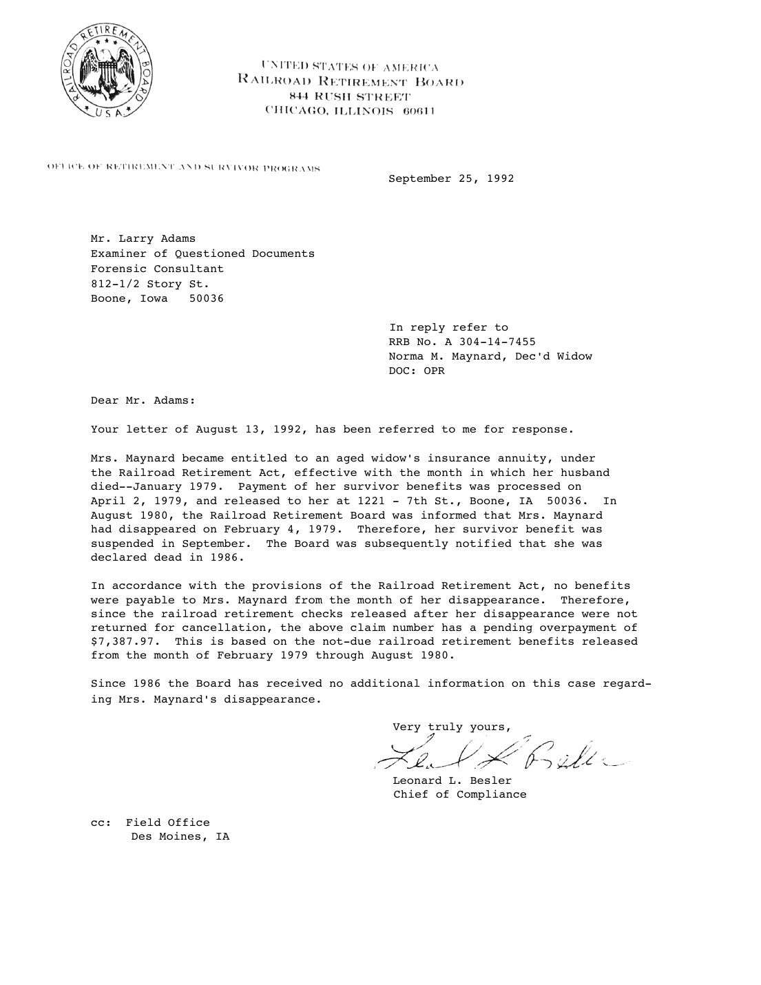 Letter to Larry Adams, Leonard L. Besler, Railroad Retirement Board, September 25, 1992