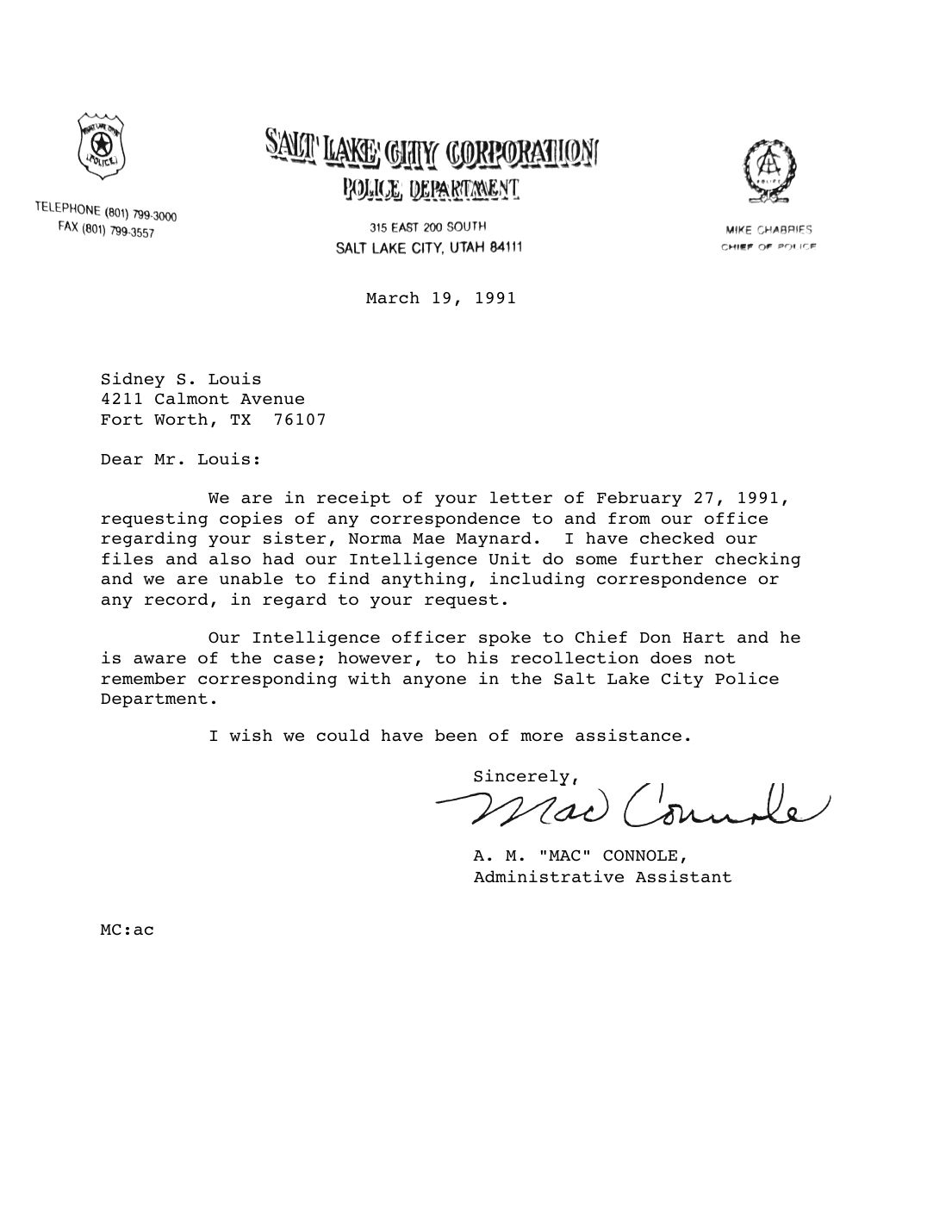 Letter to Sidney Louis, A. M. Connole, Salt Lake City Police Department, March 19, 1991
