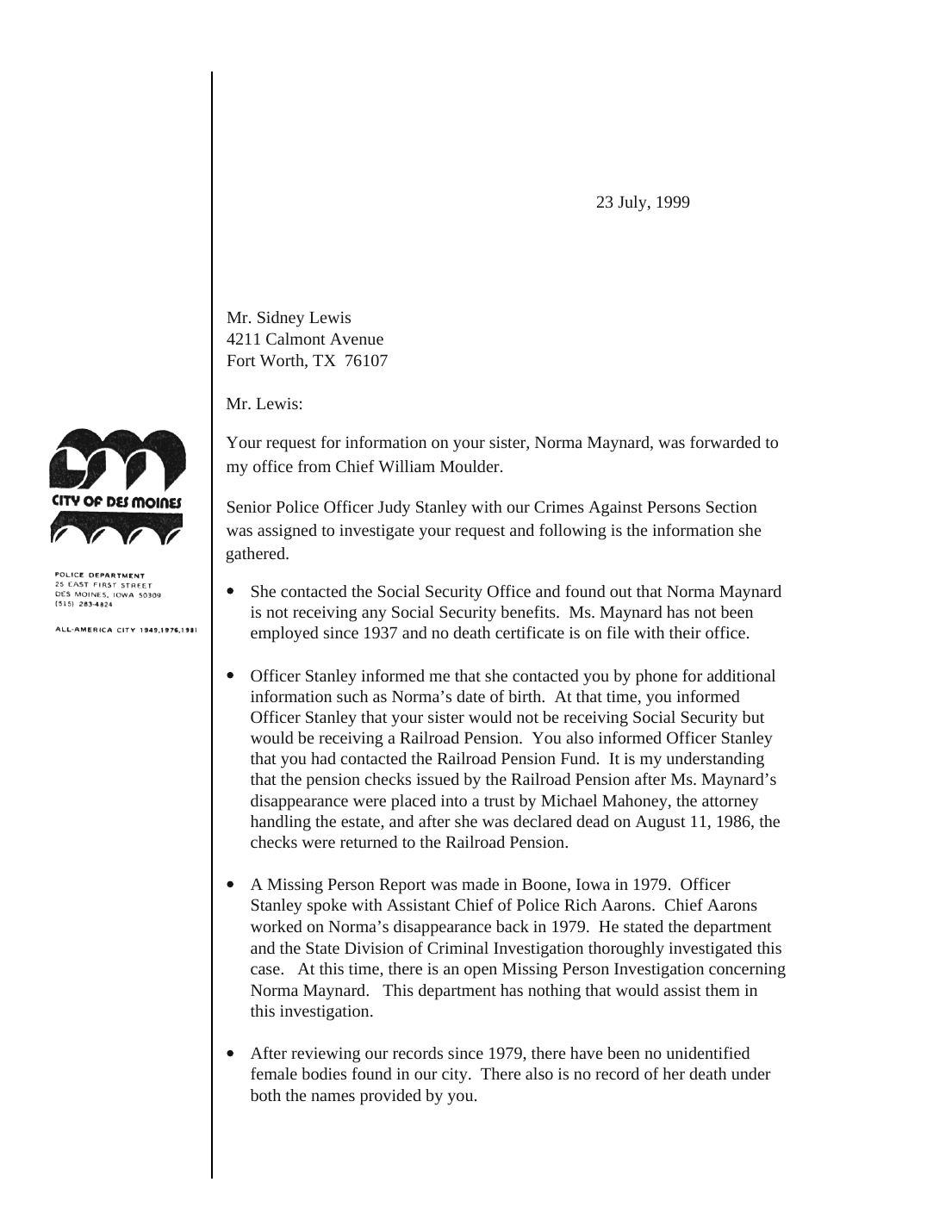 Letter to Sidney Louis, Des Moines Police Department, July 23, 1999